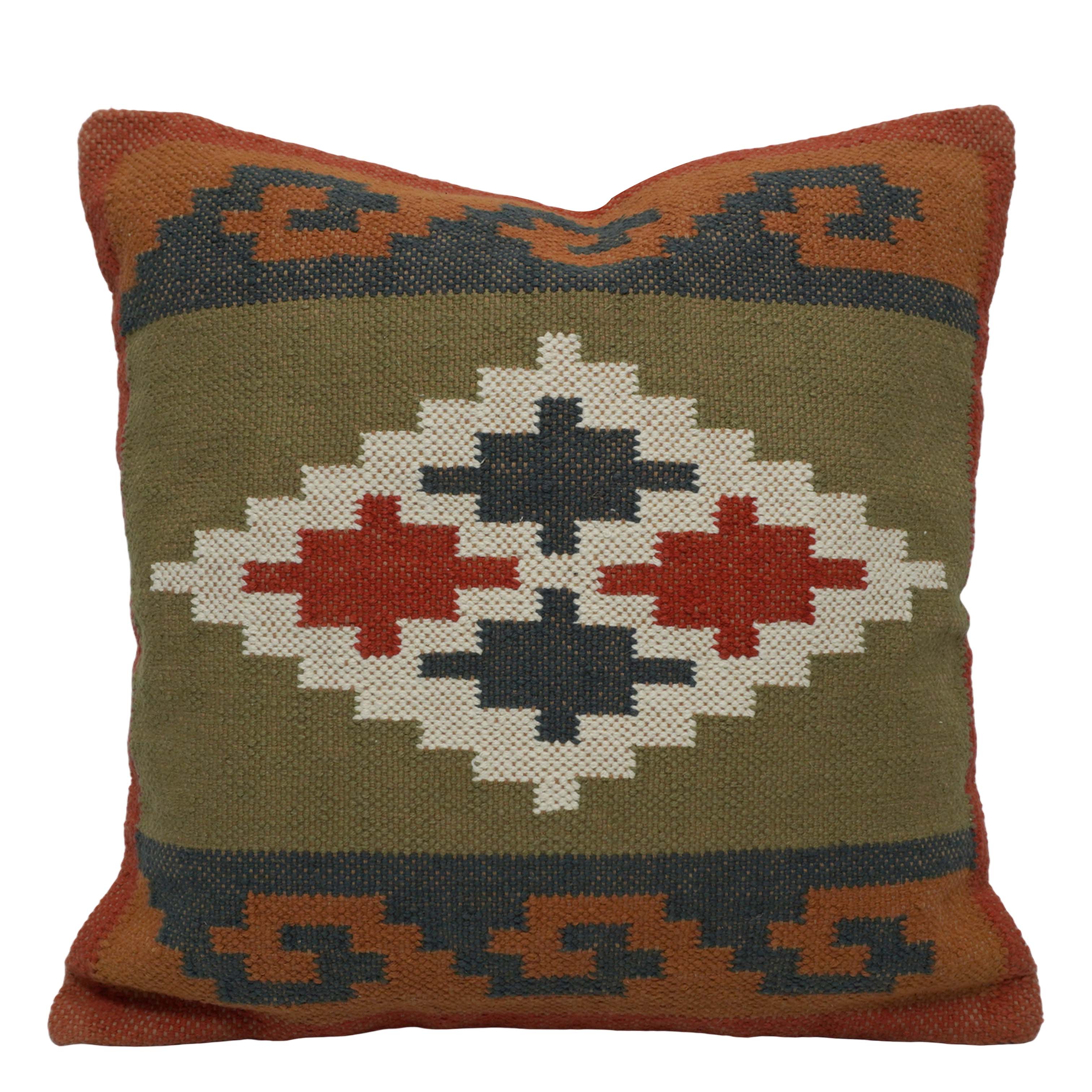 Handwoven Geometric Tribal Cushion Cover – Olive Green, Rust & Navy – 45 x 45 cm