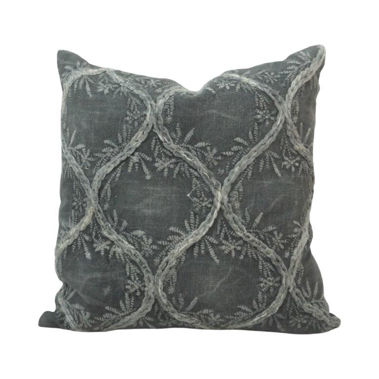 Velvet Trellis Embroidered Cushion Cover – Sage Grey | 45x45 cm Decorative Pillow Cover - Bulk manufacturer & supplier from Panipat, India