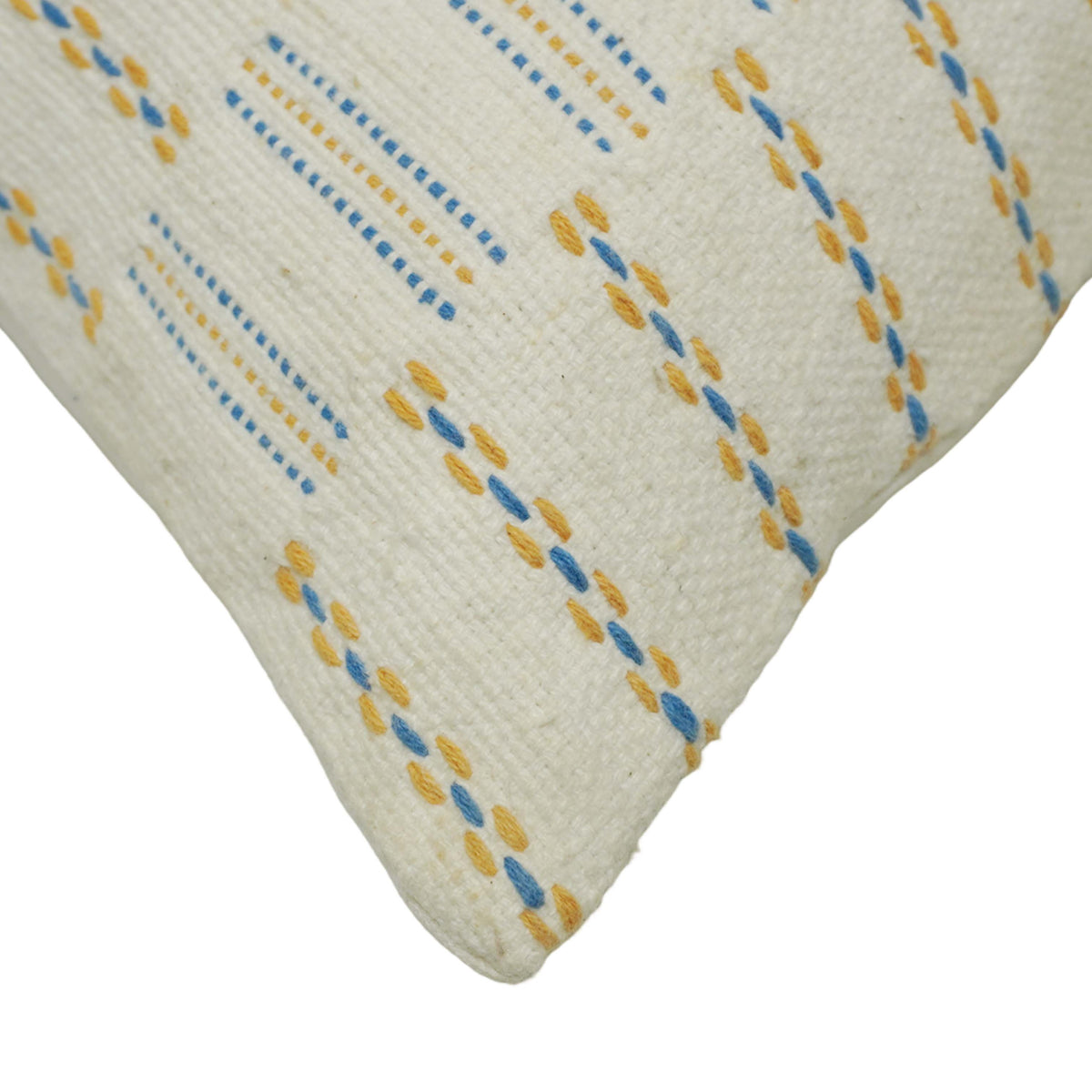 Handwoven Cotton Cushion Cover 45x45 cm | Ivory Decorative Throw Pillow Cover with Blue & Mustard Woven Stripe Pattern | Modern Boho Sofa Cushion Cover | Hidden Zipper