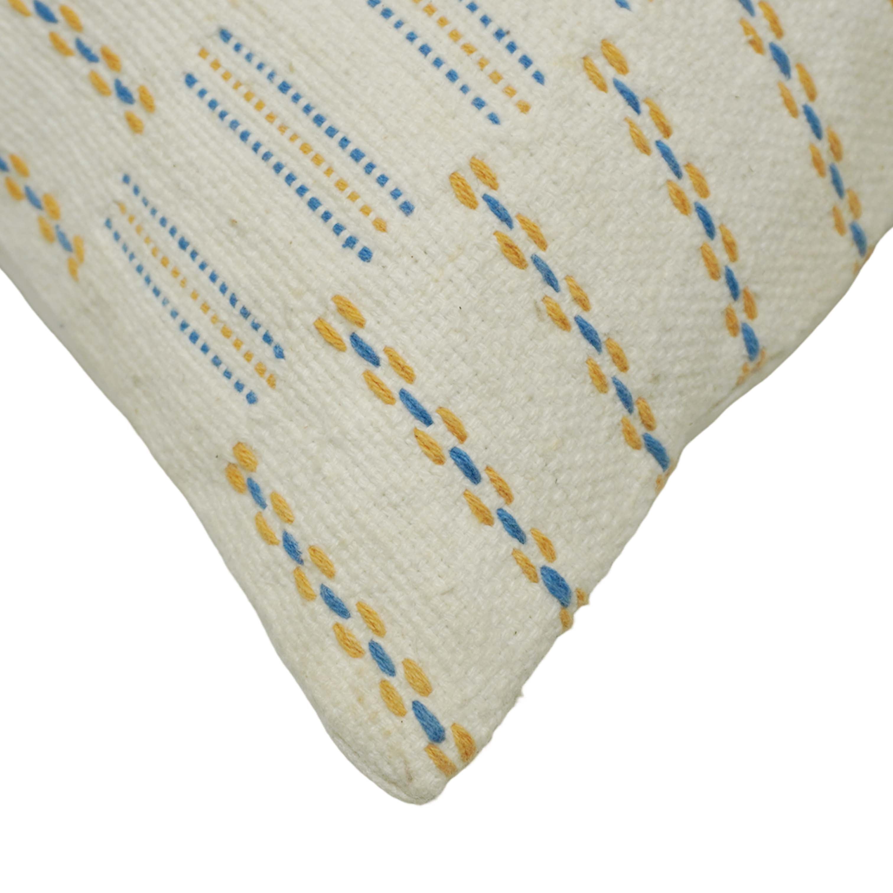Handwoven Cotton Cushion Cover 45x45 cm | Ivory Decorative Throw Pillow Cover with Blue & Mustard Woven Stripe Pattern | Modern Boho Sofa Cushion Cover | Hidden Zipper