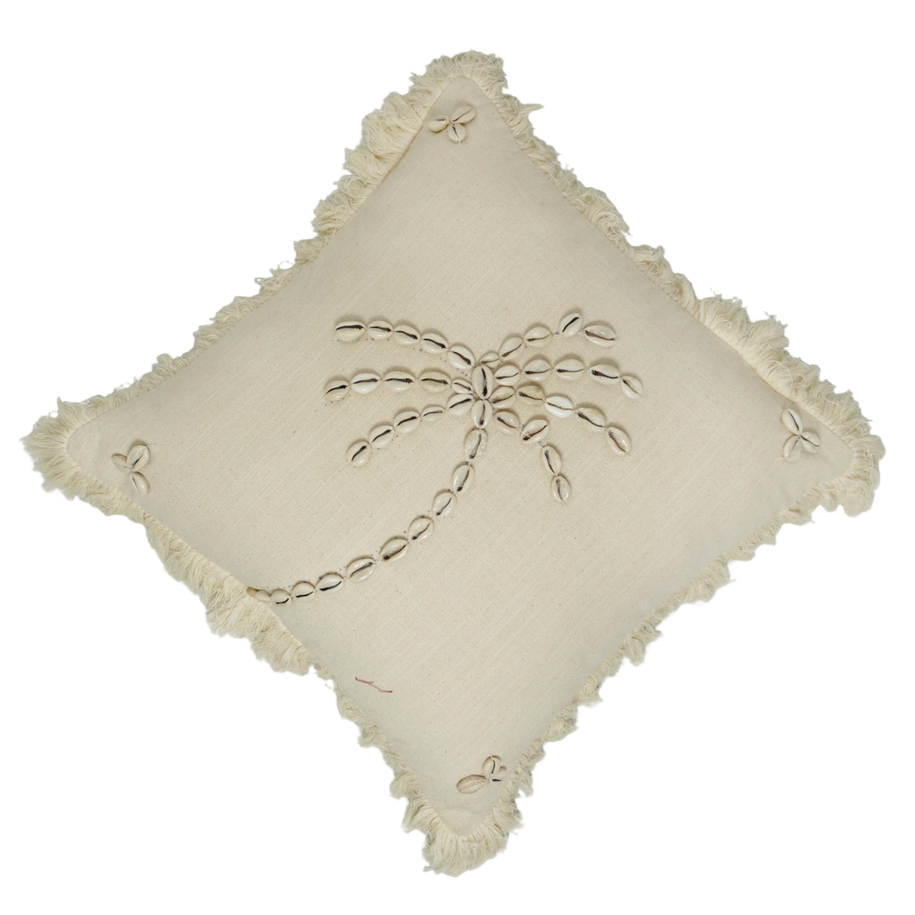 Handcrafted Cotton Cushion Cover with Cowrie Shell Palm Tree Design & Fringe Border | Boho Decorative Throw Pillow Cover | 45 x 45 cm (18 x 18 Inch)