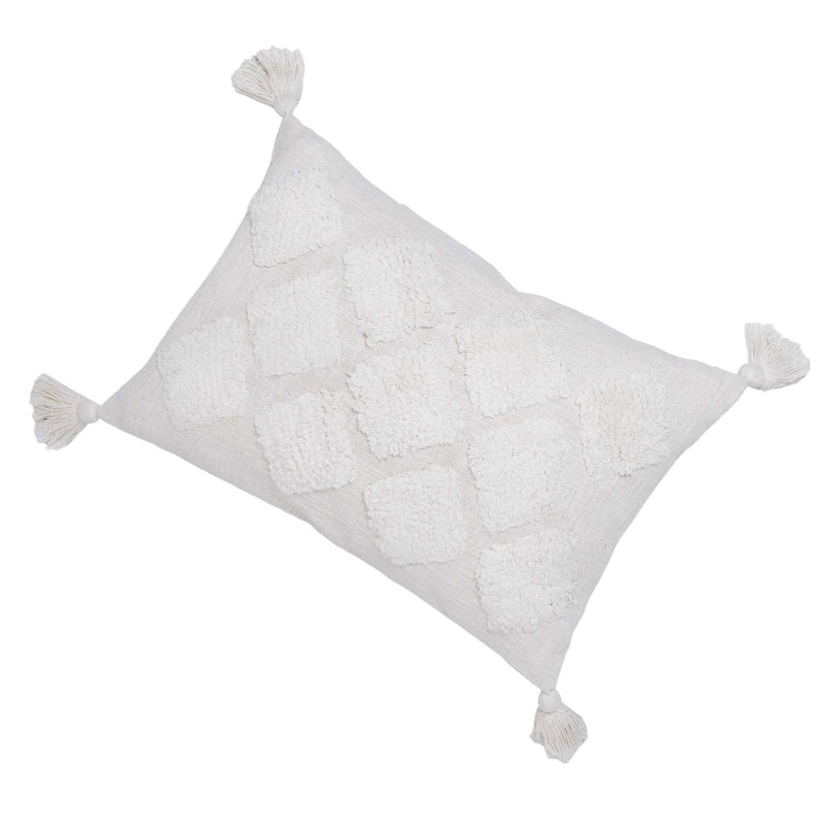 Handmade Tufted Cotton Cushion Cover with Tassels – Ivory Boho Geometric Textured Throw Pillow Cover – 30 x 50 cm Lumbar Cushion Cover - Bulk manufacturer & supplier from Panipat, India