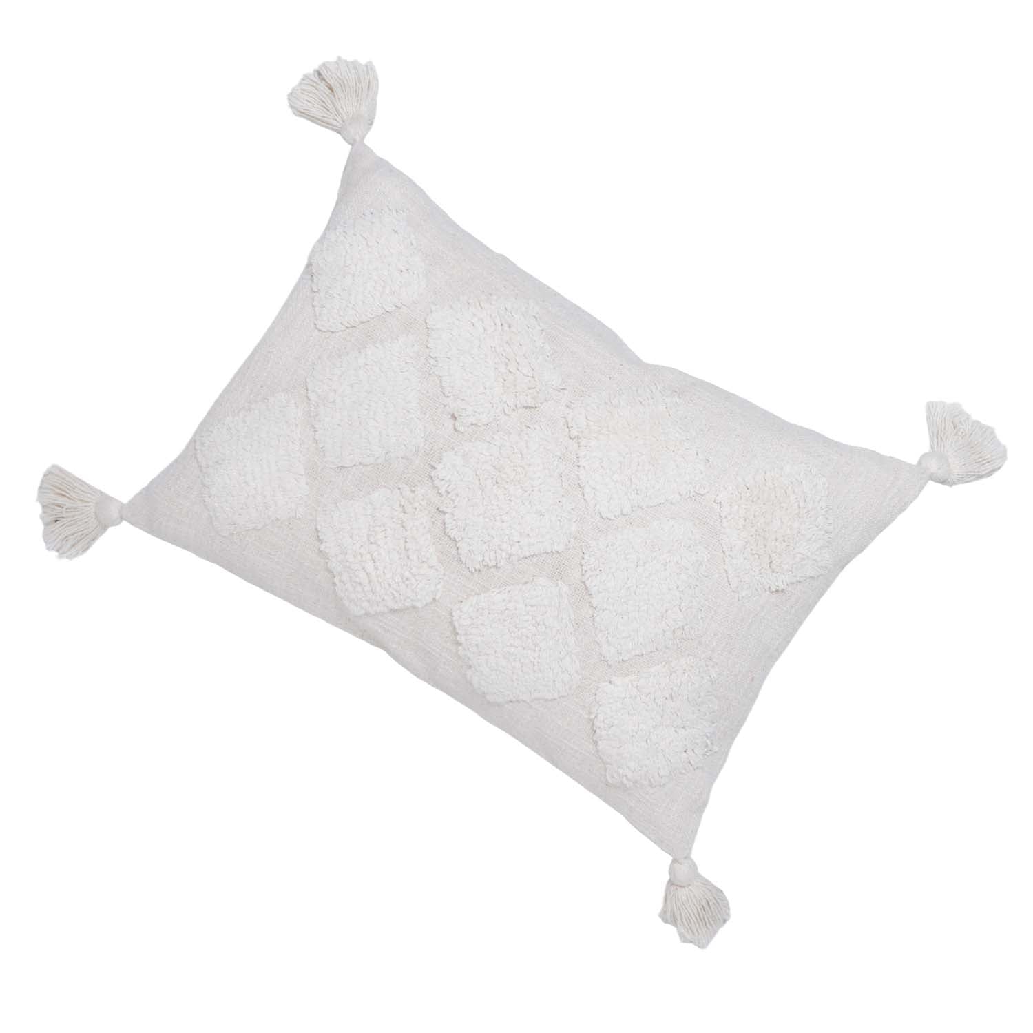 Handmade Tufted Cotton Cushion Cover with Tassels – Ivory Boho Geometric Textured Throw Pillow Cover – 30 x 50 cm Lumbar Cushion Cover