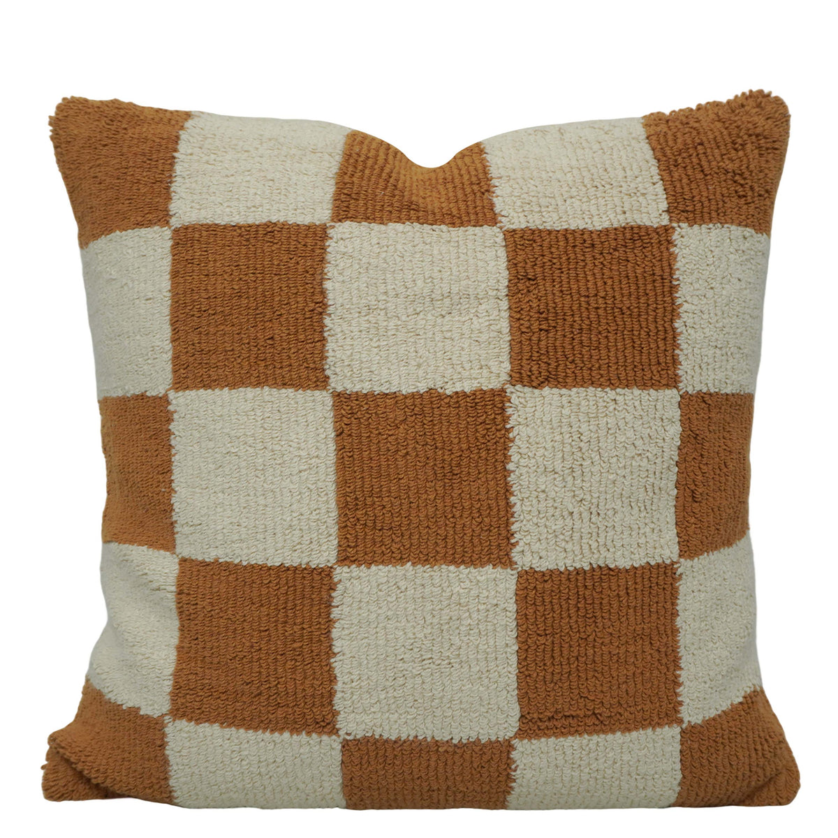 Machine Tufted Loop Cotton Cushion Cover 45x45 cm | Checkered Brown & Ivory Textured Throw Pillow Cover | Modern Decorative Cushion Cover with Hidden Zipper