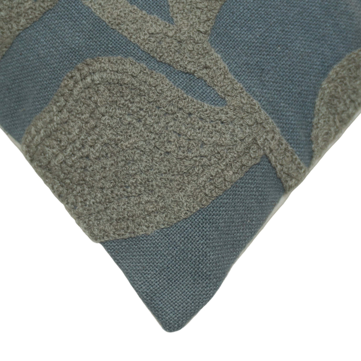 Machine Embroidered Leaf Pattern Cotton Cushion Cover 45x45 cm | Nature Inspired Decorative Throw Pillow Cover with Concealed Zip | Sage Green & Blue