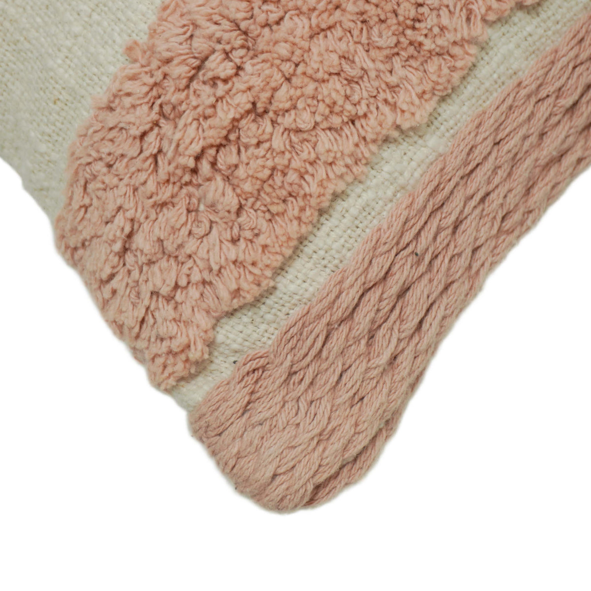 Blush pink and ivory striped tufted cotton cushion cover 35x50 cm