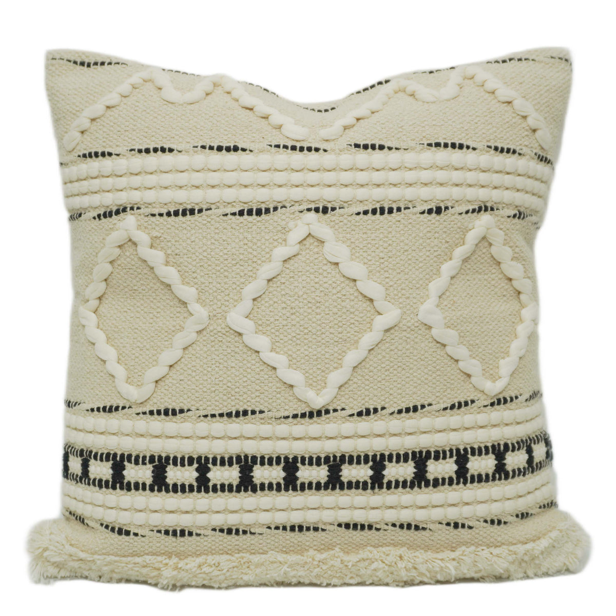 Handwoven Cream & Black Geometric Cotton Cushion Cover – Textured Boho Accent, 45 x 45 cm
