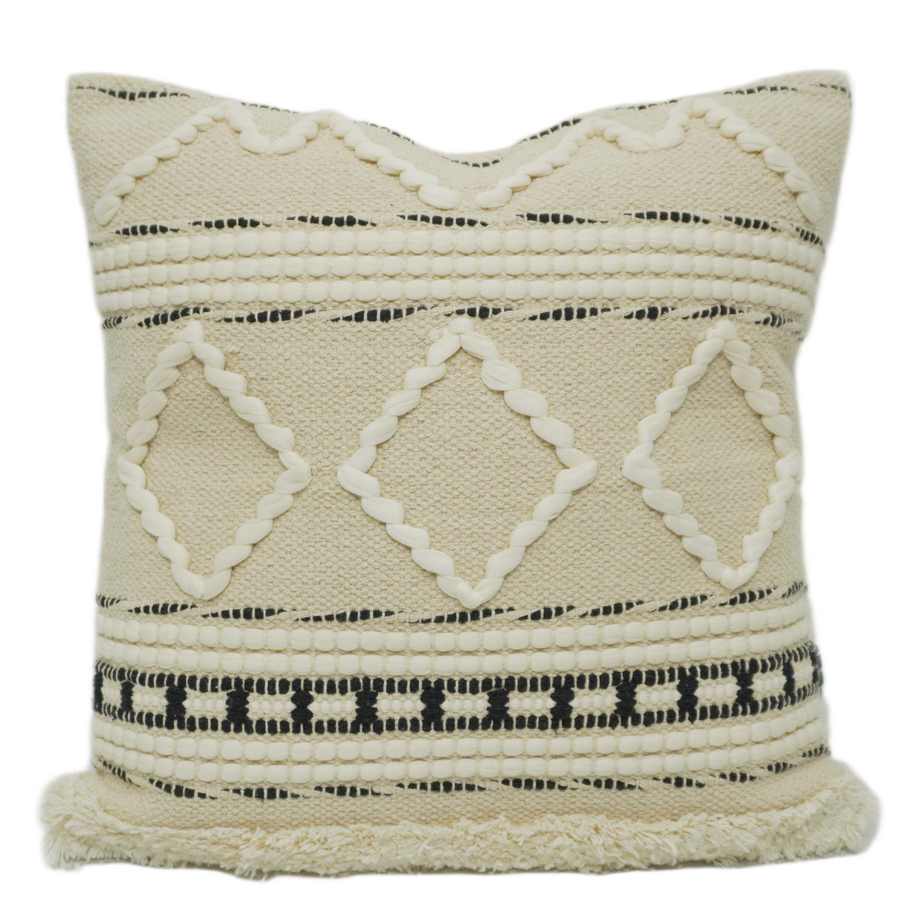 Handwoven Cream & Black Geometric Cotton Cushion Cover – Textured Boho Accent, 45 x 45 cm