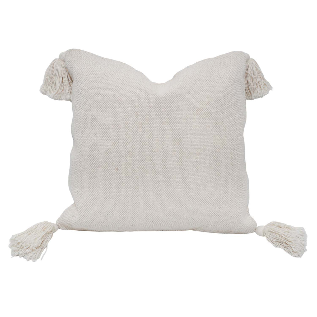 Handmade Cotton Cushion Cover with Tassels 45x45 cm | Ivory Textured Woven Decorative Throw Pillow Cover | Boho Farmhouse Sofa Cushion | Concealed Zip | 18x18 Inch - Bulk manufacturer & supplier from Panipat, India