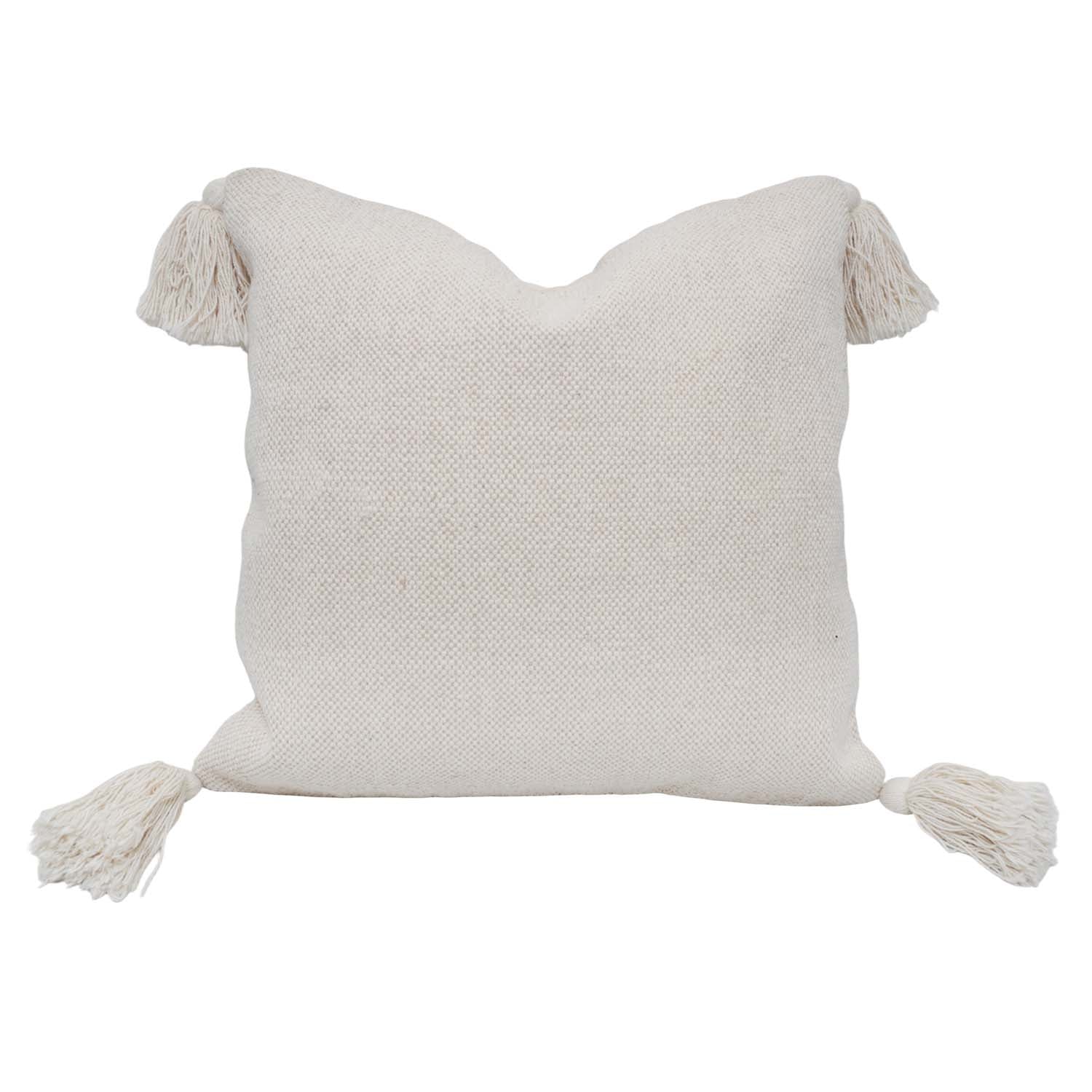 Handmade Cotton Cushion Cover with Tassels 45x45 cm | Ivory Textured Woven Decorative Throw Pillow Cover | Boho Farmhouse Sofa Cushion | Concealed Zip | 18x18 Inch