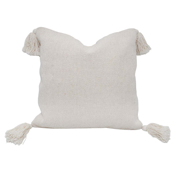 Handmade Cotton Cushion Cover with Tassels 45x45 cm | Ivory Textured Woven Decorative Throw Pillow Cover | Boho Farmhouse Sofa Cushion | Concealed Zip | 18x18 Inch