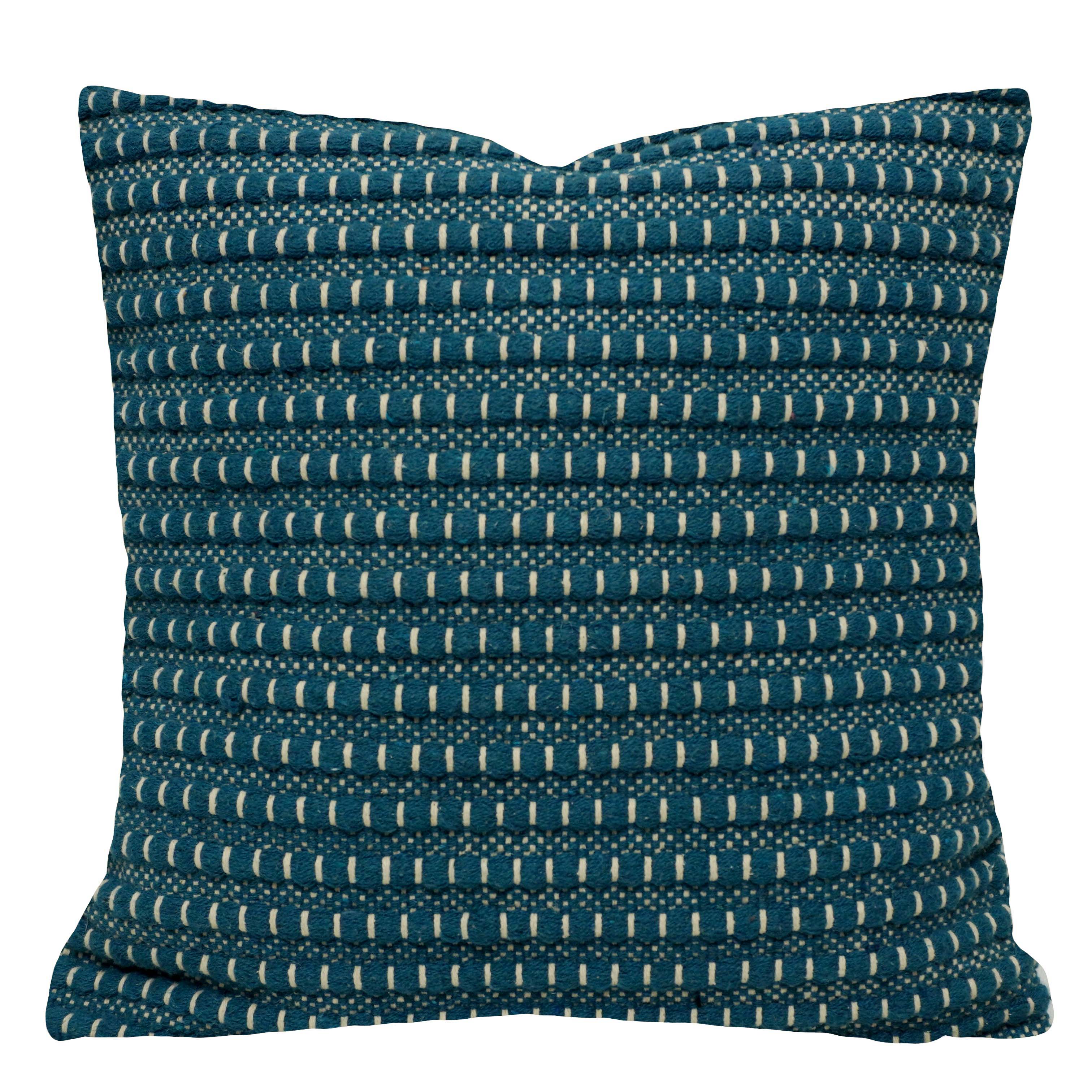 Handwoven Cotton Cushion Cover 45x45 cm | Textured Woven Stripe Design | Decorative Sofa Cushion Cover | Hidden Zip | Blue & Ivory | 18x18 Inch