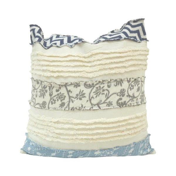 Handcrafted Patchwork Ruffle Cotton Cushion Cover 45x45 cm | Layered Textured Boho Throw Pillow Cover | Concealed Zip