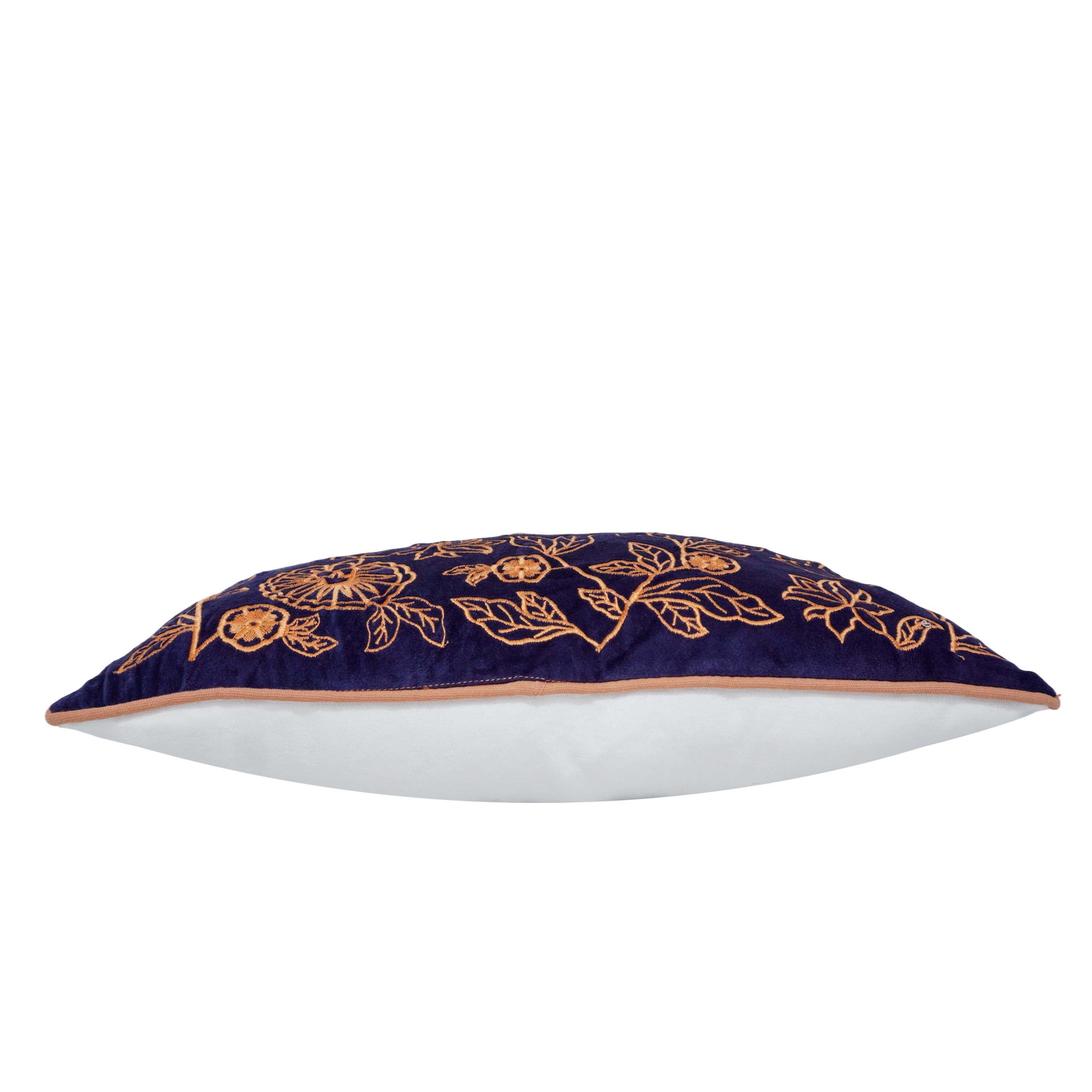 40x60 cm Embroidered Cotton Cushion Cover | Navy Blue Floral Embroidery Lumbar Pillow Cover | Decorative Throw Cushion Cover with Hidden Zipper