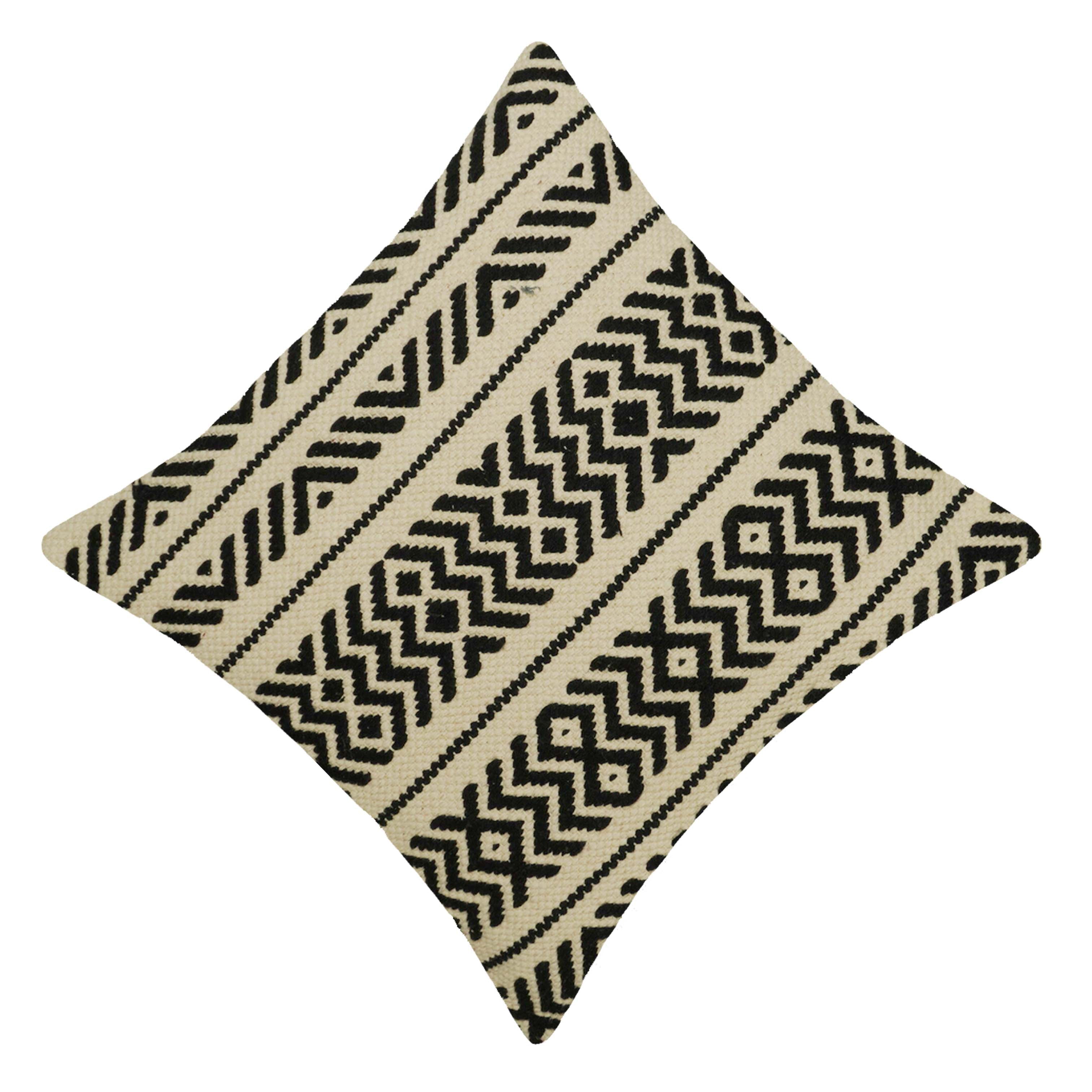 Handwoven Cotton Cushion Cover 45x45 cm | Black & Ivory Geometric Woven Throw Pillow Cover | Boho Farmhouse Decorative Cushion Cover with Concealed Zipper