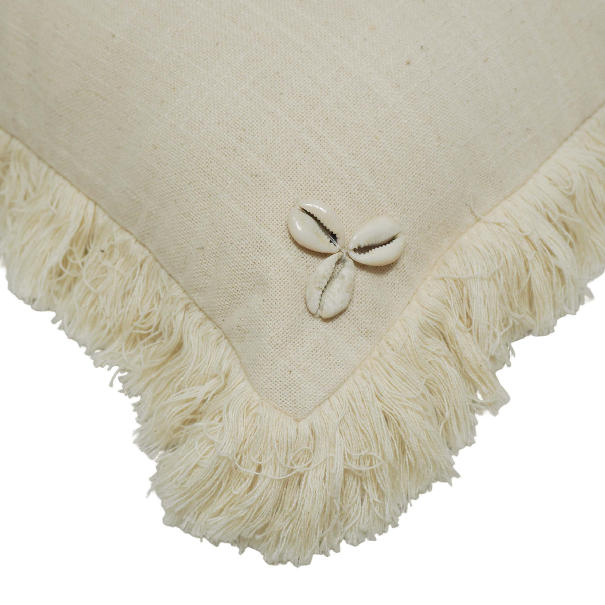 Handcrafted Cotton Cushion Cover with Cowrie Shell Palm Tree Design & Fringe Border | Boho Decorative Throw Pillow Cover | 45 x 45 cm (18 x 18 Inch)
