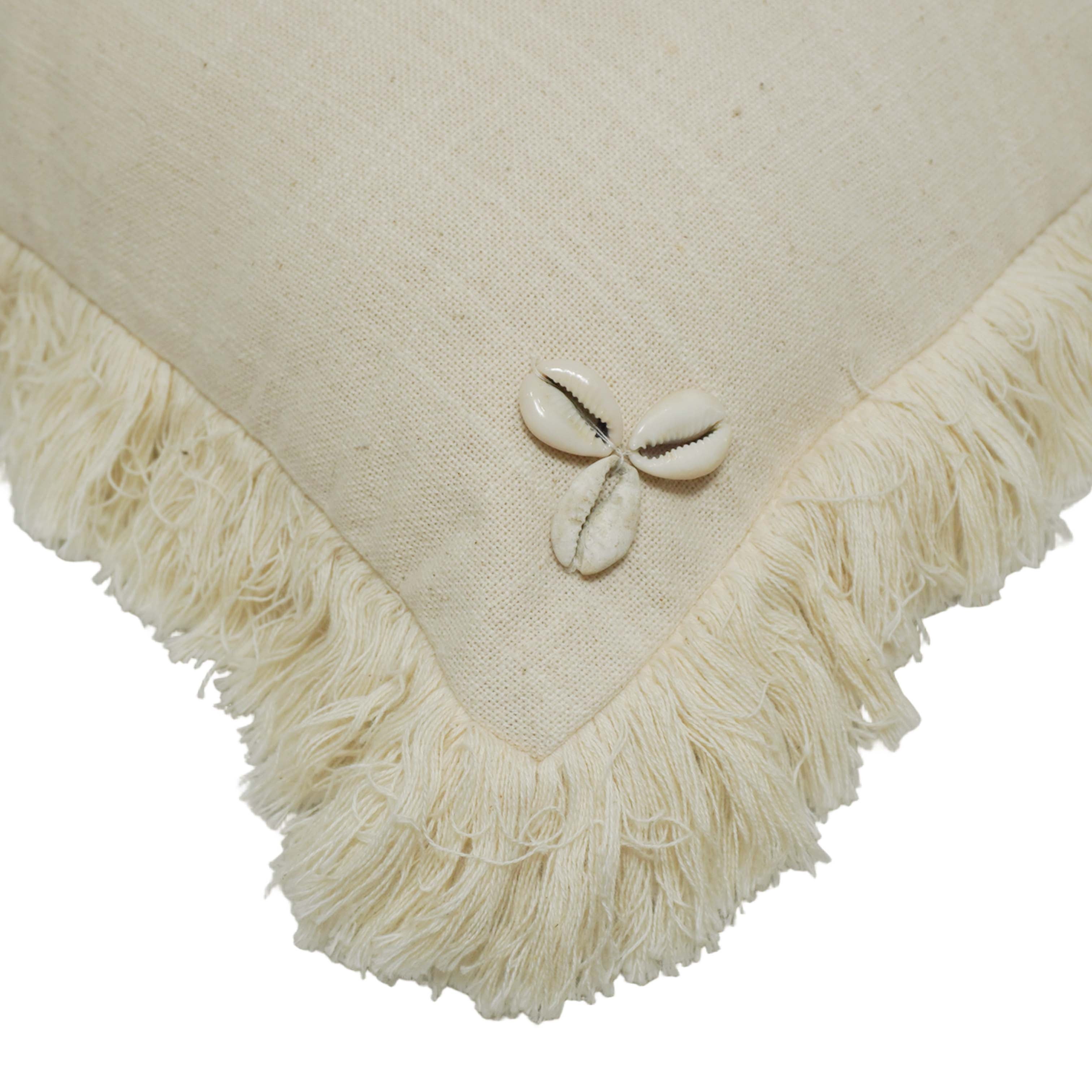 Handcrafted Cotton Cushion Cover with Cowrie Shell Palm Tree Design & Fringe Border | Boho Decorative Throw Pillow Cover | 45 x 45 cm (18 x 18 Inch)