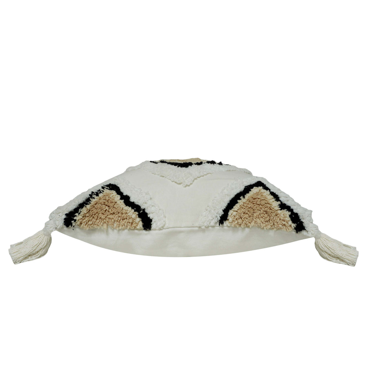 Hand Tufted Cotton Cushion Cover 45x45 cm | Geometric Diamond Design with Tassels | Boho Decorative Throw Pillow Cover | Hidden Zipper | Ivory, Beige & Black