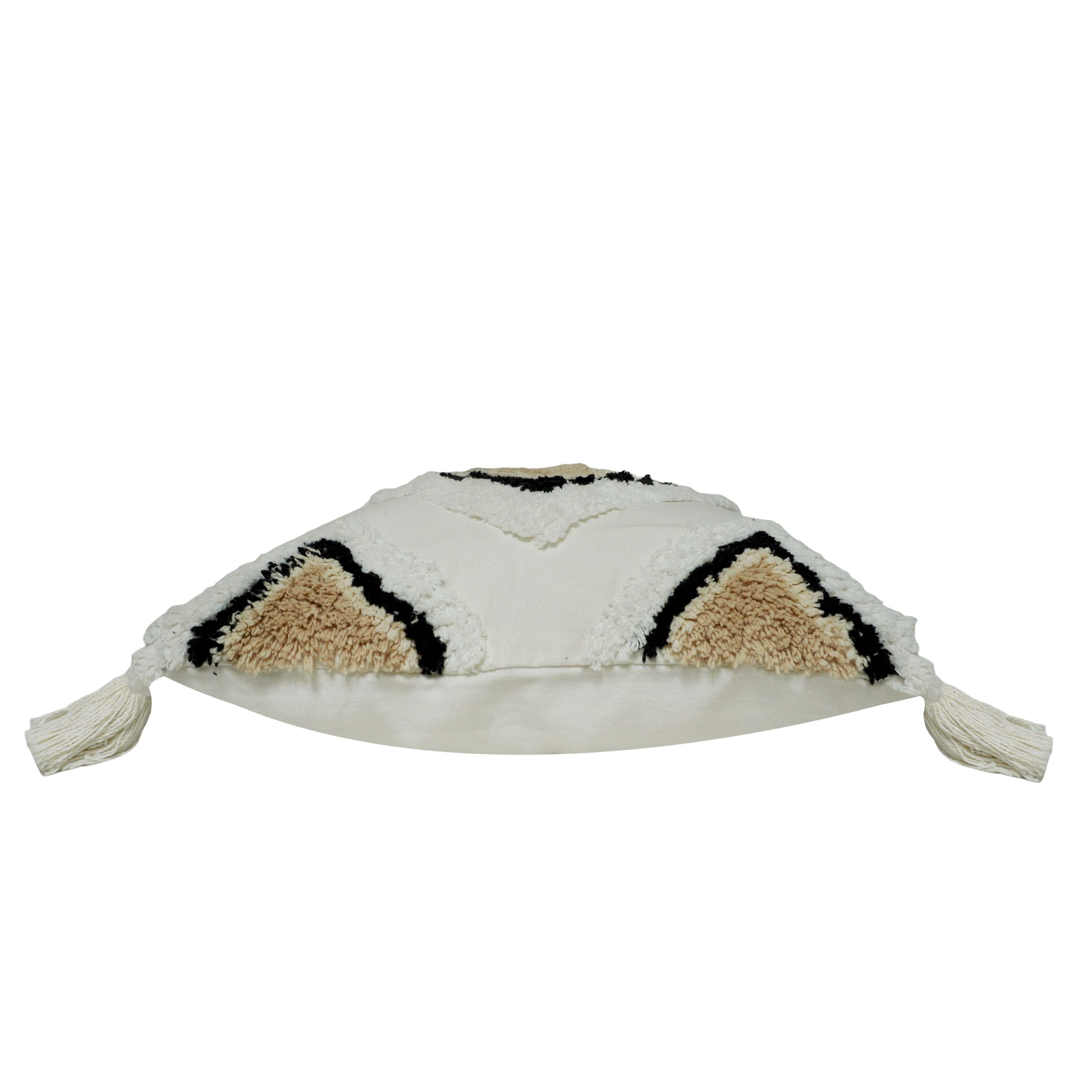 Hand Tufted Cotton Cushion Cover 45x45 cm | Geometric Diamond Design with Tassels | Boho Decorative Throw Pillow Cover | Hidden Zipper | Ivory, Beige & Black