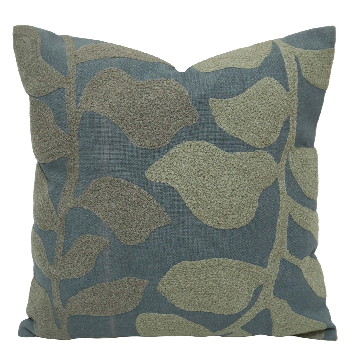 Machine Embroidered Leaf Pattern Cotton Cushion Cover 45x45 cm | Nature Inspired Decorative Throw Pillow Cover with Concealed Zip | Sage Green & Blue