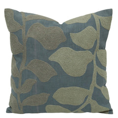 Machine Embroidered Leaf Pattern Cotton Cushion Cover 45x45 cm | Nature Inspired Decorative Throw Pillow Cover with Concealed Zip | Sage Green & Blue