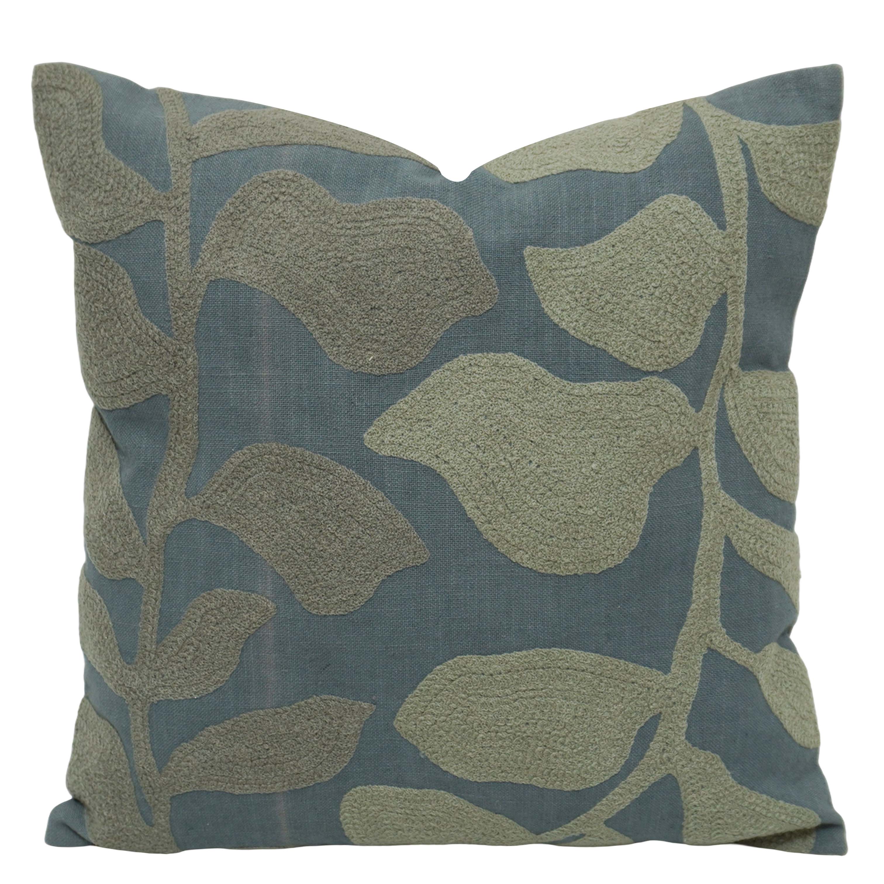 Machine Embroidered Leaf Pattern Cotton Cushion Cover 45x45 cm | Nature Inspired Decorative Throw Pillow Cover with Concealed Zip | Sage Green & Blue