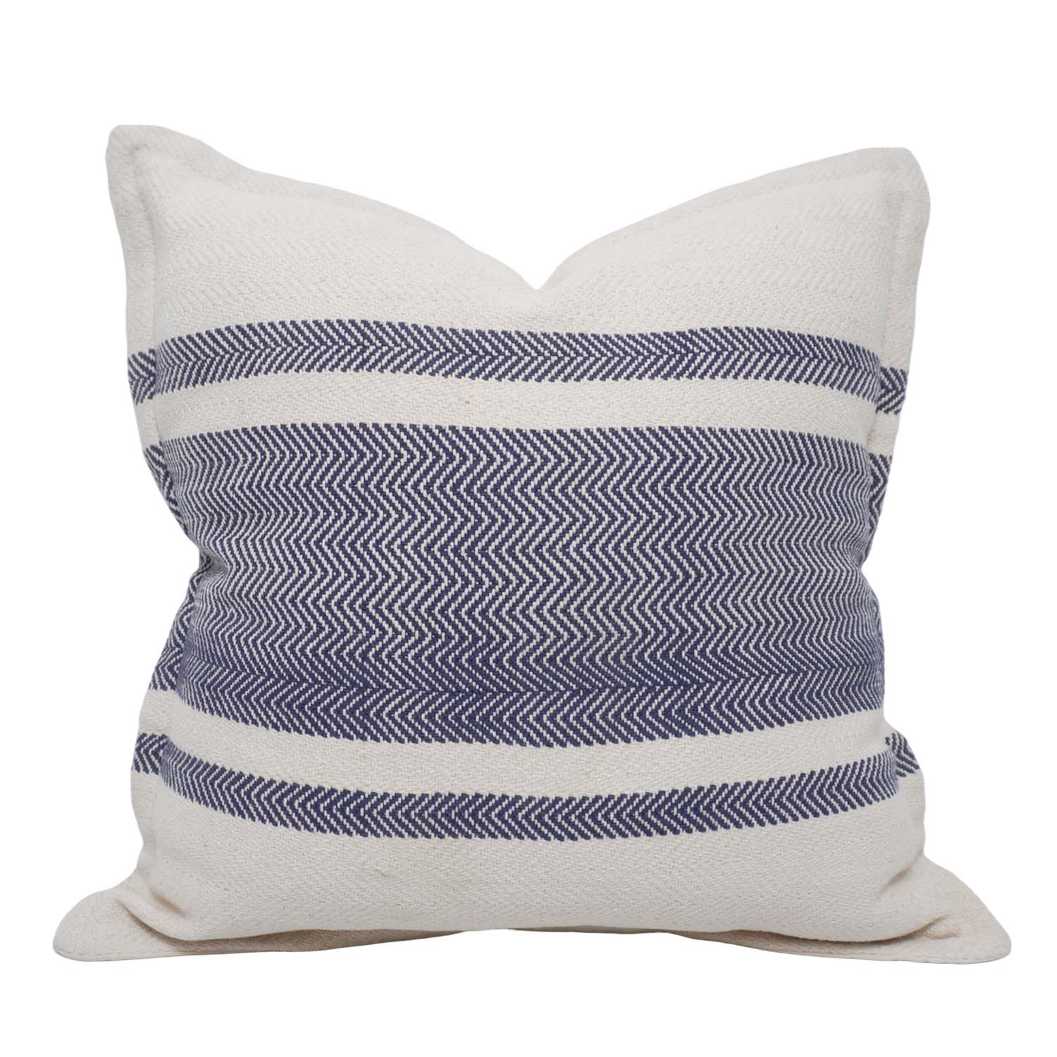 vHandwoven Cotton Cushion Cover 45x45 cm | Blue & Ivory Herringbone Striped Decorative Throw Pillow Cover | Modern Farmhouse Sofa Cushion | Hidden Zip | 100% Cotton