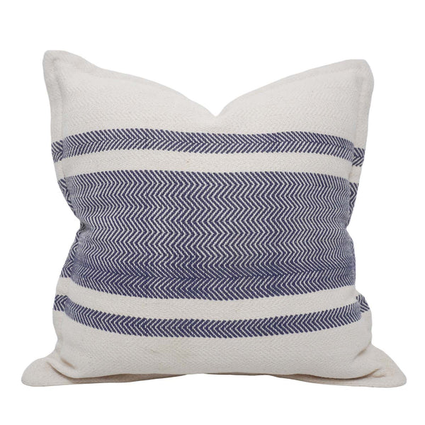 vHandwoven Cotton Cushion Cover 45x45 cm | Blue & Ivory Herringbone Striped Decorative Throw Pillow Cover | Modern Farmhouse Sofa Cushion | Hidden Zip | 100% Cotton