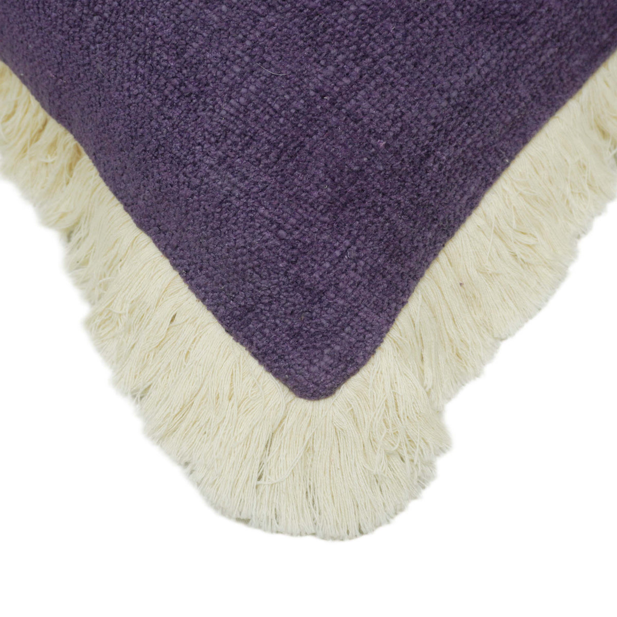 Purple textured handwoven cotton cushion cover with cream fringe border 45x45 cm