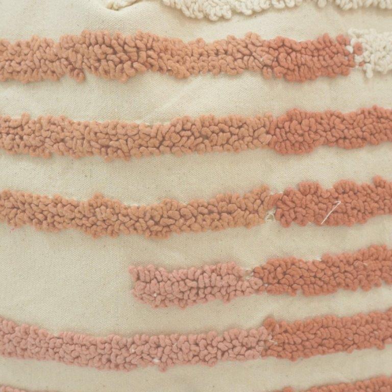 Handcrafted Tufted Cotton Cushion Cover 45x45 cm | Textured Boho Striped Throw Pillow Cover | Ivory & Blush Pink