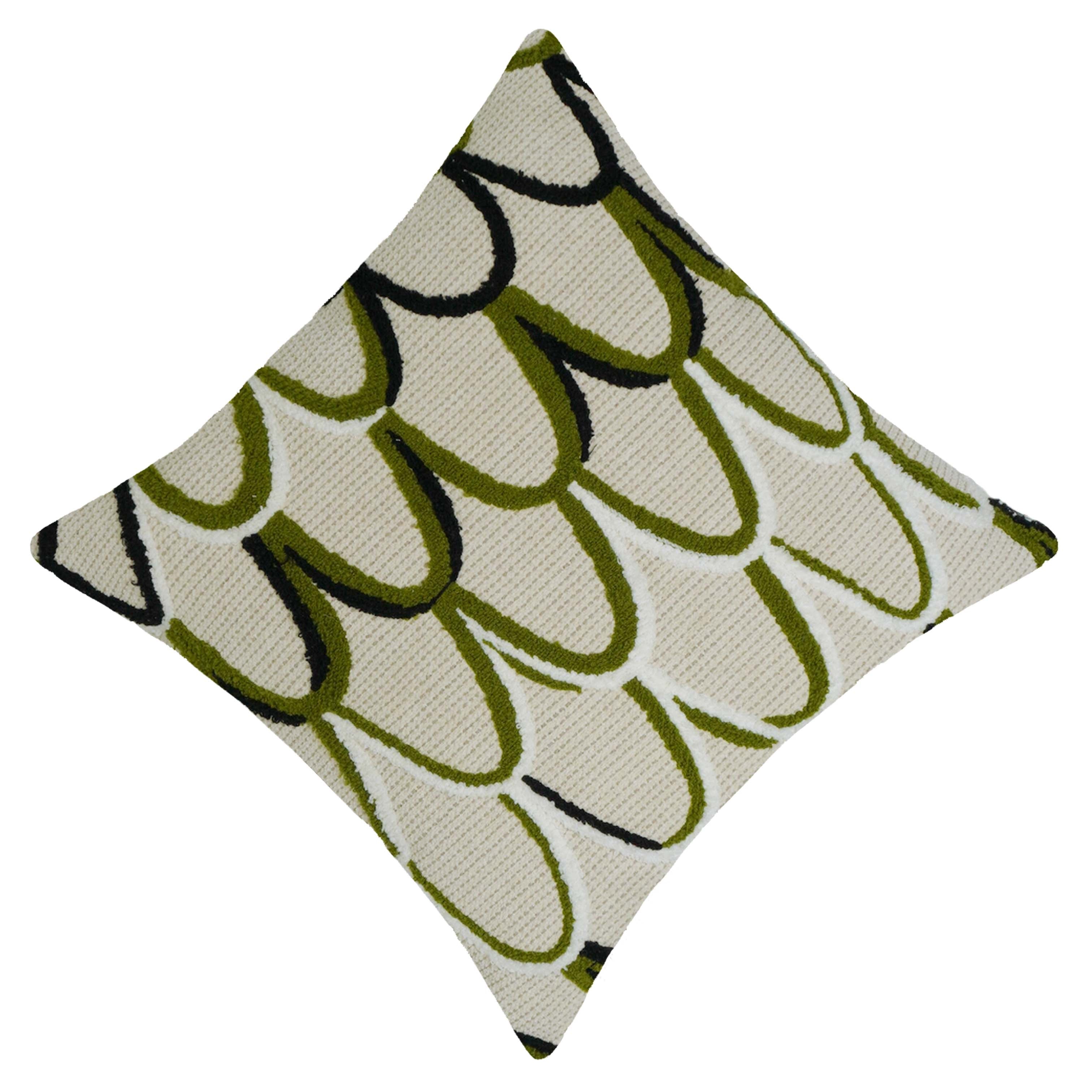 Machine Embroidered Cotton Cushion Cover 45x45 cm – Abstract Loop Pattern in Olive Green & Black