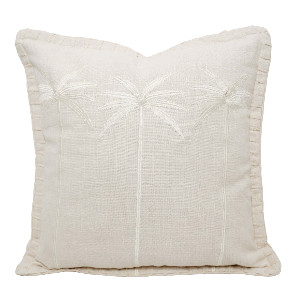 Ivory Palm Tree Embroidered Cotton Cushion Cover 45x45 cm | Tropical Decorative Throw Pillow Cover with Ruffle Edge - Bulk manufacturer & supplier from Panipat, India