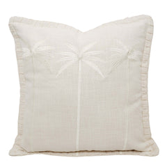 Ivory Palm Tree Embroidered Cotton Cushion Cover 45x45 cm | Tropical Decorative Throw Pillow Cover with Ruffle Edge