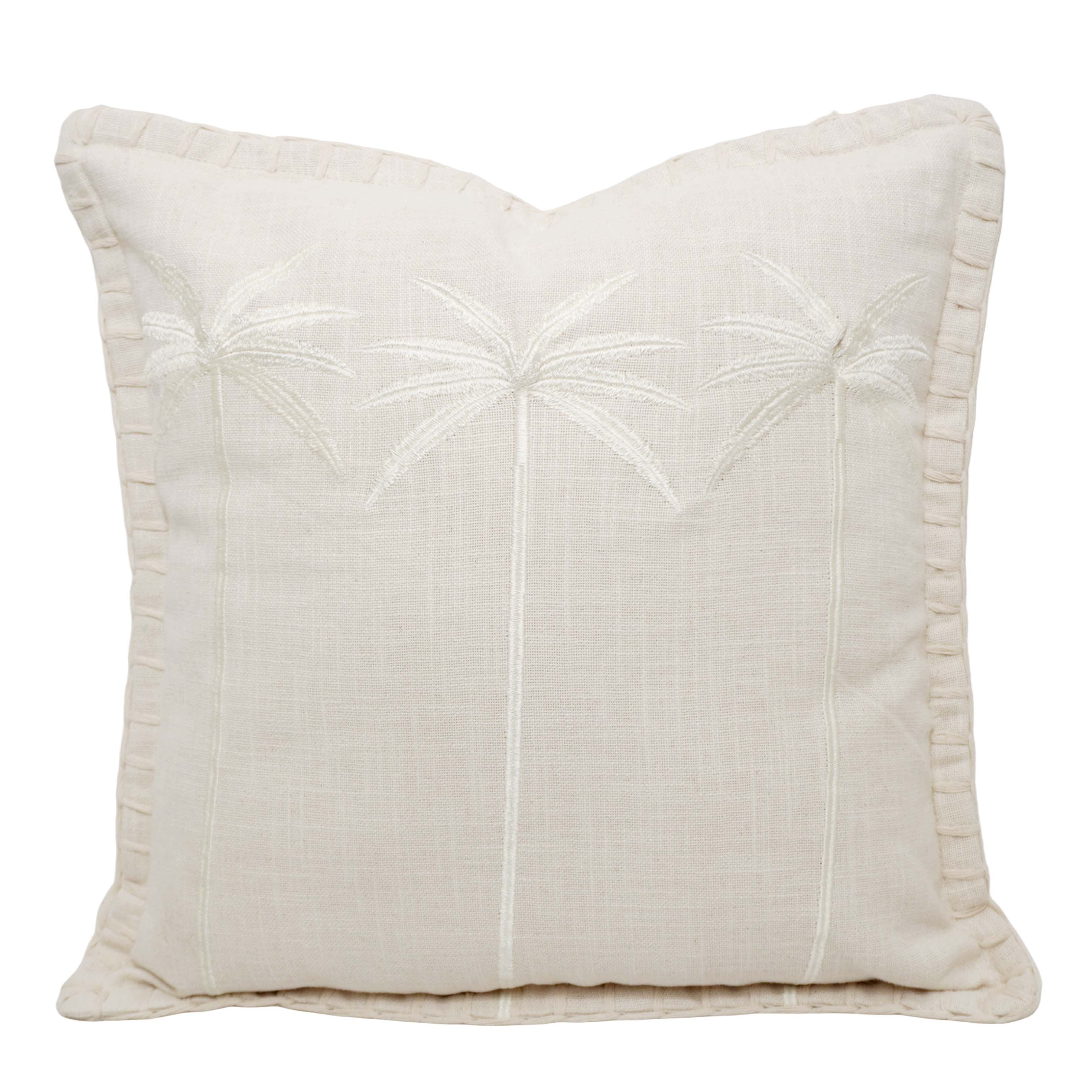 Ivory Palm Tree Embroidered Cotton Cushion Cover 45x45 cm | Tropical Decorative Throw Pillow Cover with Ruffle Edge