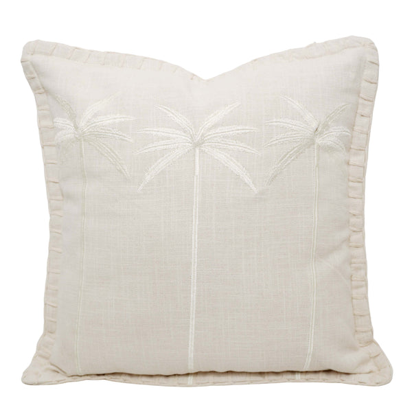 Ivory Palm Tree Embroidered Cotton Cushion Cover 45x45 cm | Tropical Decorative Throw Pillow Cover with Ruffle Edge