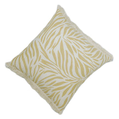 Printed Cotton Cushion Cover 45x45 cm – Beige & Ivory Abstract Leaf Design with Fringe