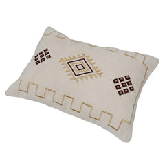 Machine Embroidered Cotton Cushion Cover 40x60 cm | Geometric Tribal Pattern | Decorative Lumbar Cushion Cover with Concealed Zipper | Beige & Brown