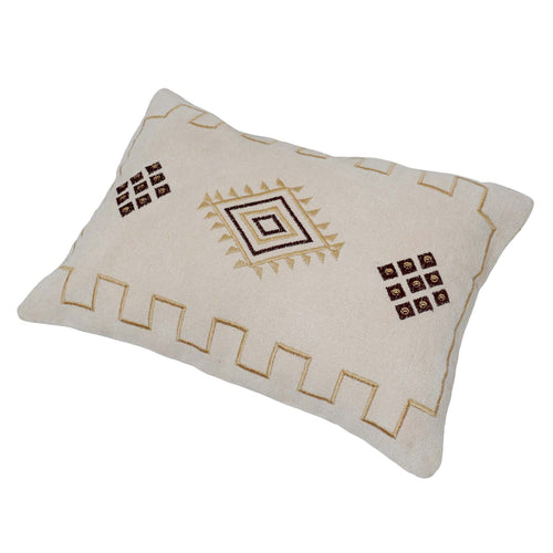 Beige and brown geometric tribal machine embroidered cotton lumbar cushion cover 40x60 cm