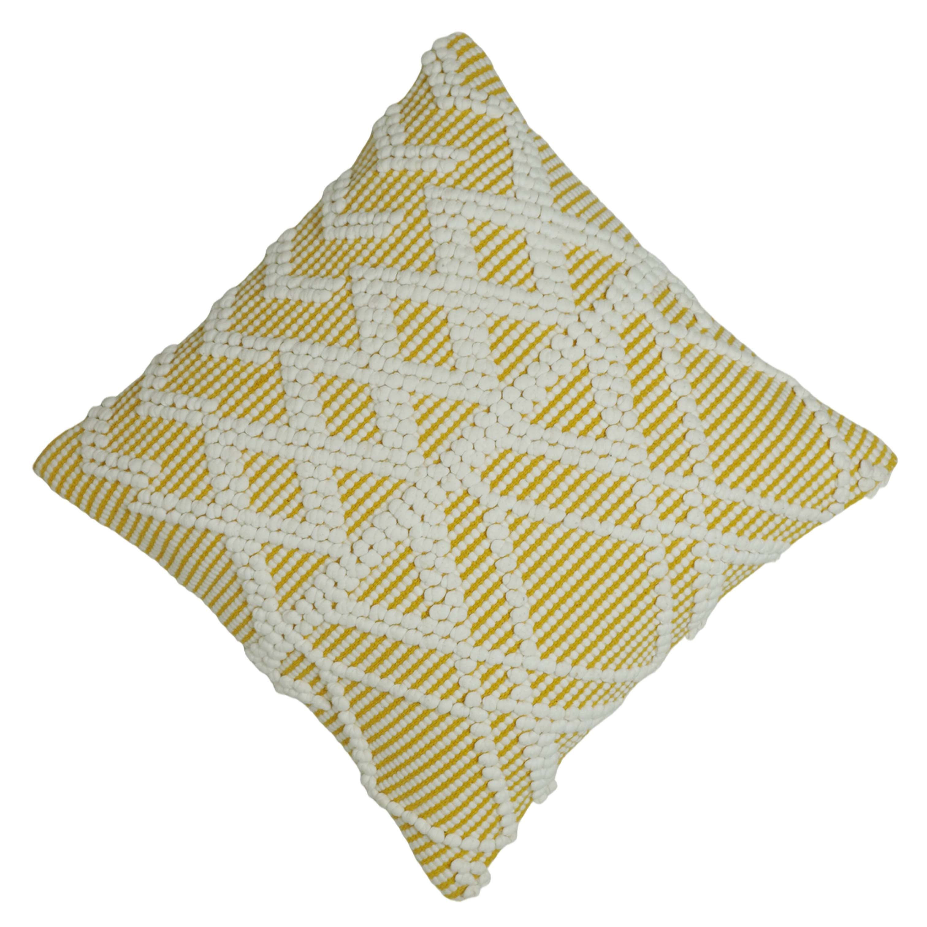 Handwoven Cotton Cushion Cover 45x45 cm | Textured Geometric Diamond Pattern | Mustard & Ivory Decorative Throw Pillow Cover | Boho Modern Home Décor | Hidden Zipper