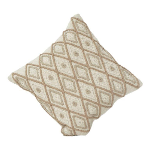 Beige Diamond Embroidered Cotton Cushion Cover | Textured Geometric Pattern | Neutral Boho Decor | 18x18 Inch