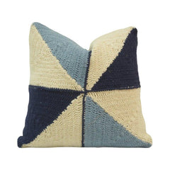 Hand Knitted Geometric Cotton Cushion Cover | Blue & Ivory Pinwheel Design | 45x45 cm