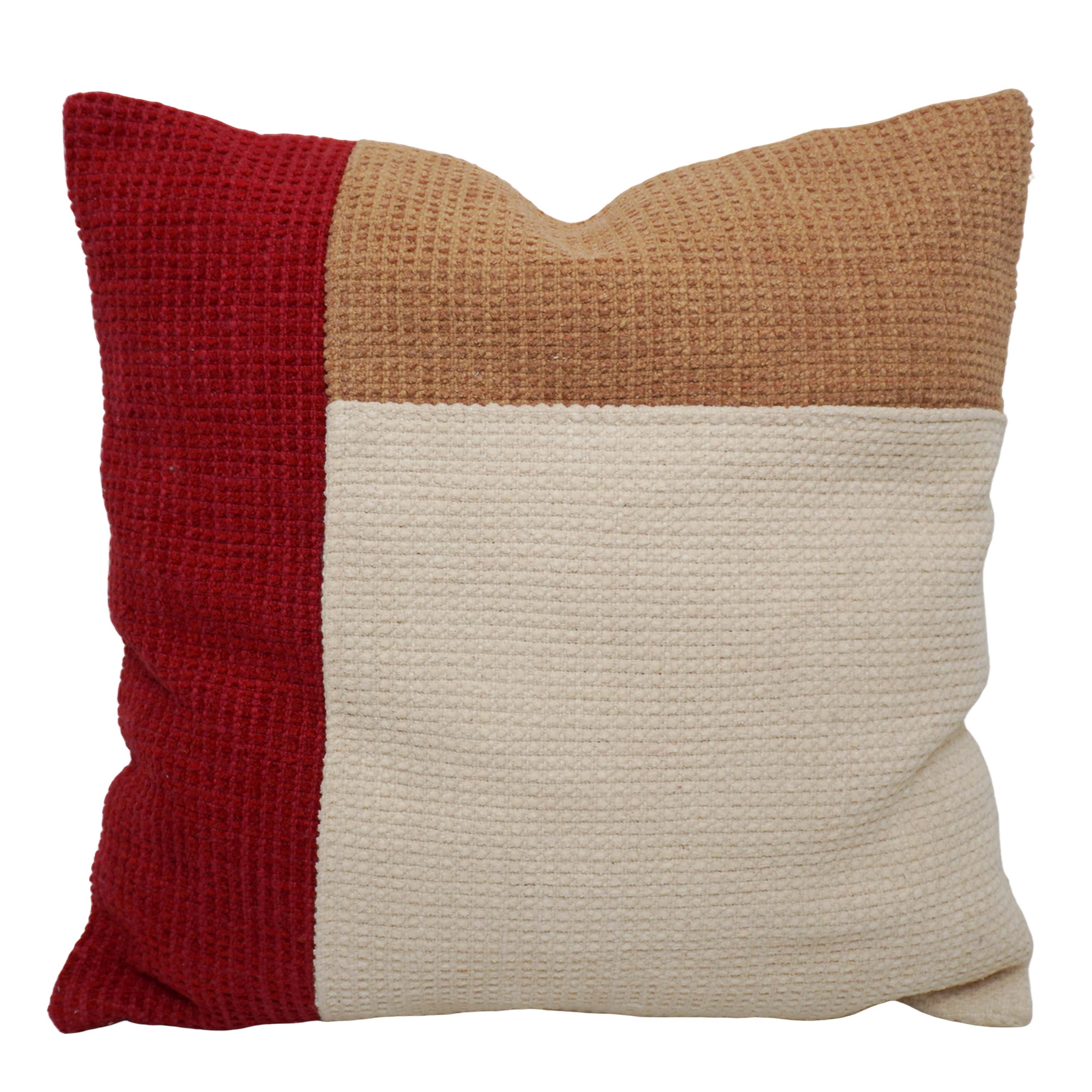 Handwoven Color Block Cotton Cushion Cover 45x45 cm | Textured Decorative Throw Pillow Cover | Red, Beige & Ivory | Hidden Zip | Modern Boho Home Décor