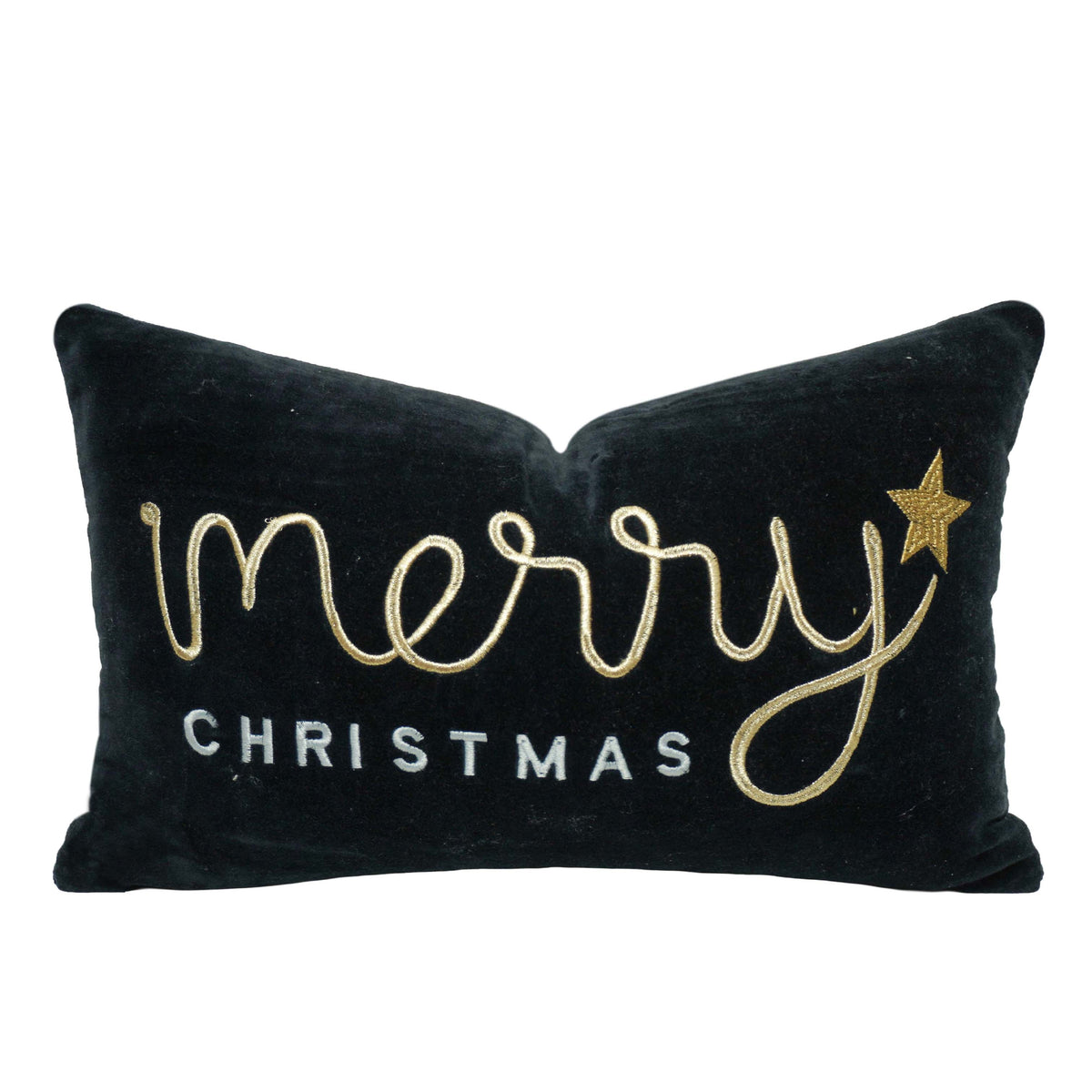 Luxury Black Velvet Merry Christmas Embroidered Cushion Cover 35x50 cm – Gold & White Festive Christmas Cushion