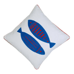 Machine Embroidered Fish Design Cushion Cover 45x45 cm – Blue & Red on White
