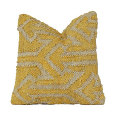 Handwoven Jute & Cotton Cushion Cover – Mustard & Natural Geometric Textured Pillow Cover | Boho Rustic Home Décor | 18x18 Inch