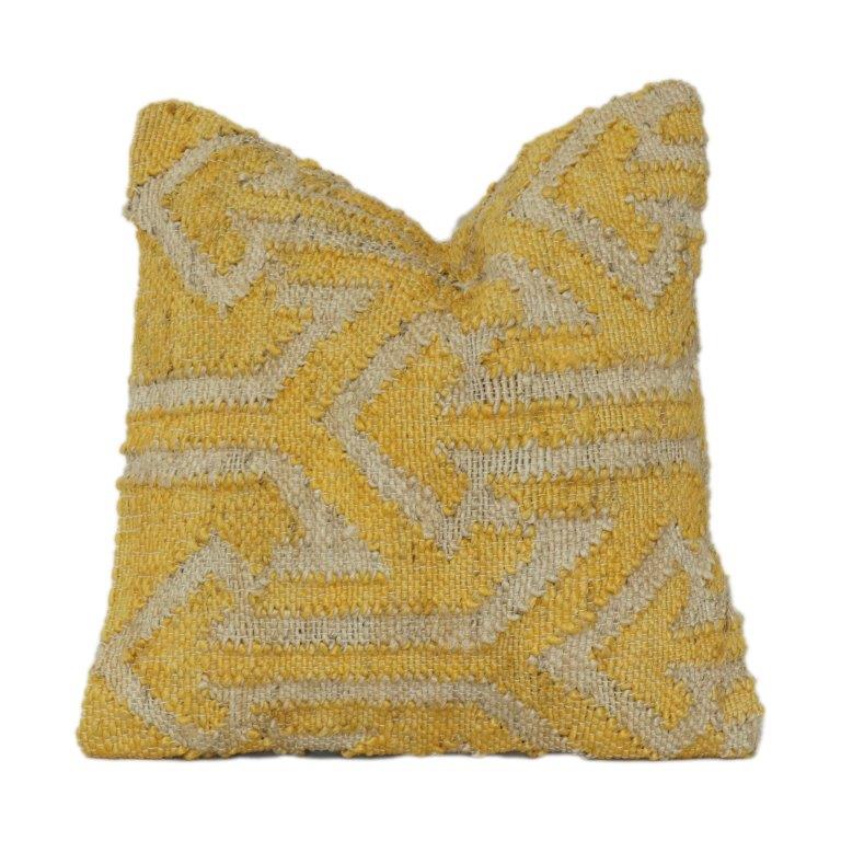 Handwoven Jute & Cotton Cushion Cover – Mustard & Natural Geometric Textured Pillow Cover | Boho Rustic Home Décor | 18x18 Inch