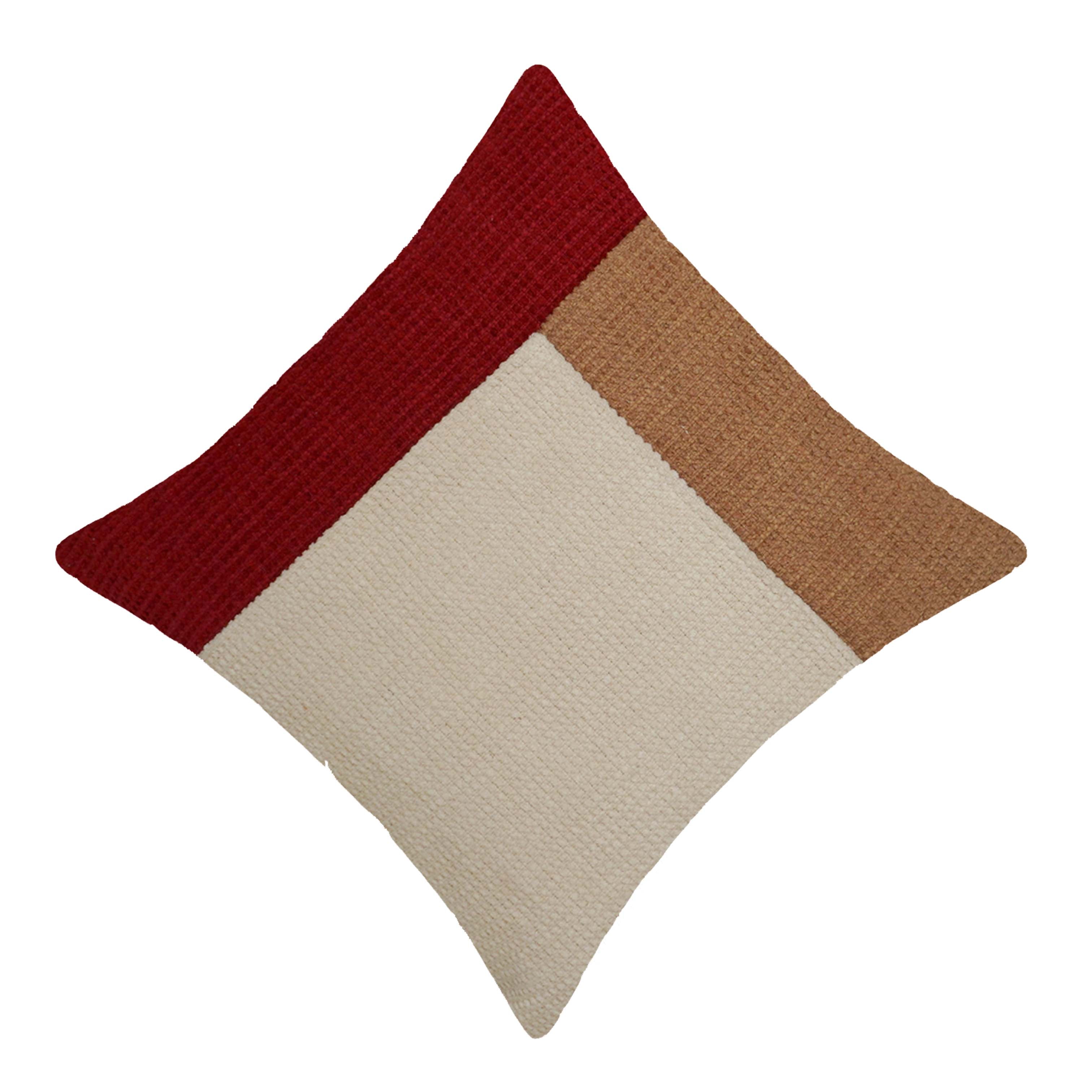 Handwoven Color Block Cotton Cushion Cover 45x45 cm | Textured Decorative Throw Pillow Cover | Red, Beige & Ivory | Hidden Zip | Modern Boho Home Décor