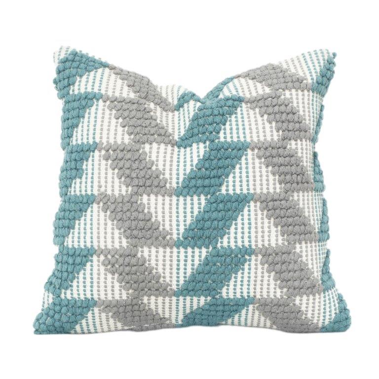 Handcrafted Tufted Cotton Cushion Cover 45x45 cm – Geometric Chevron Pattern in Teal & Grey | Textured Boho Decorative Pillow Cover - Bulk manufacturer & supplier from Panipat, India