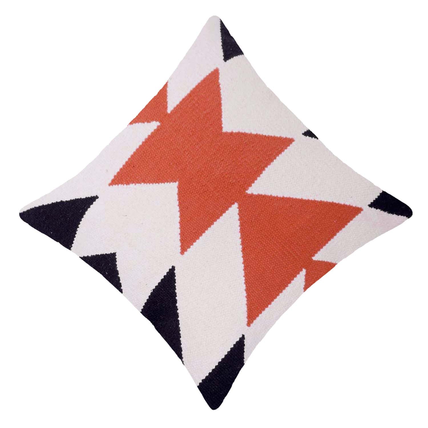 Handwoven Geometric Cotton Cushion Cover 45x45 cm | Black, White & Rust | Modern Boho Decorative Throw Pillow Cover with Concealed Zipper