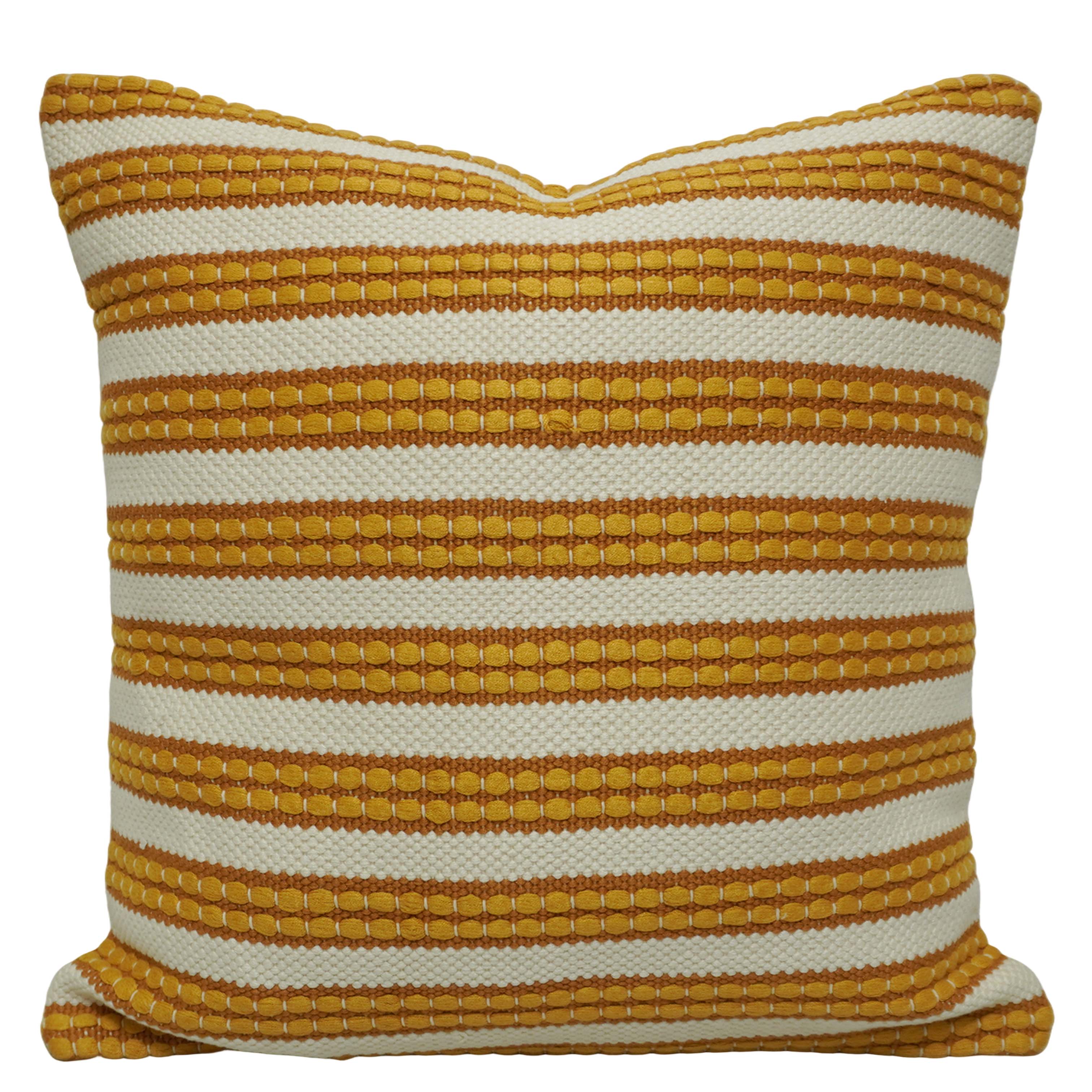 Handwoven Cotton Cushion Cover 45x45 cm | Mustard & Ivory Striped Textured Woven Cushion Cover | Decorative Boho Throw Pillow Cover with Concealed Zipper